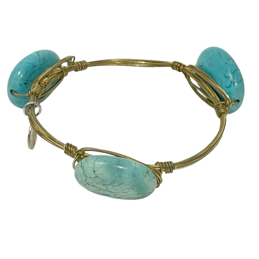 Bourbon And Bowties Bracelet Gold Tone Wire Wrapped Oval Green Agate Stone